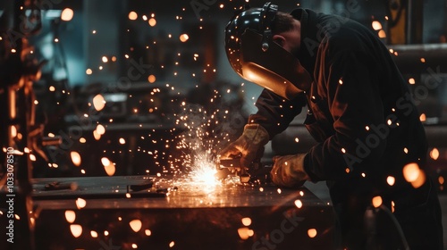 A welding worker creating precise welds on a metal part, with vivid sparks lighting up the surrounding workshop