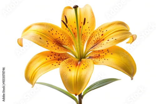 Wide-angle big yellow flower of brindle lily isolated on white background