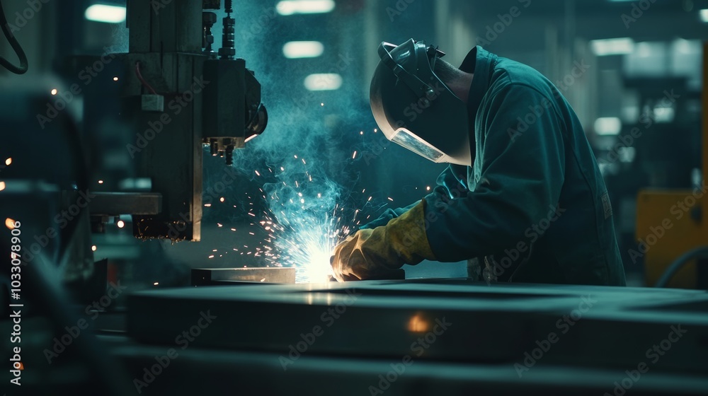 A welding worker in a factory, welding metal parts together on an industrial production line, with safety equipment and tools around A welding worker in a factory, welding metal parts together on an industrial production line, with safety equipment and tools around