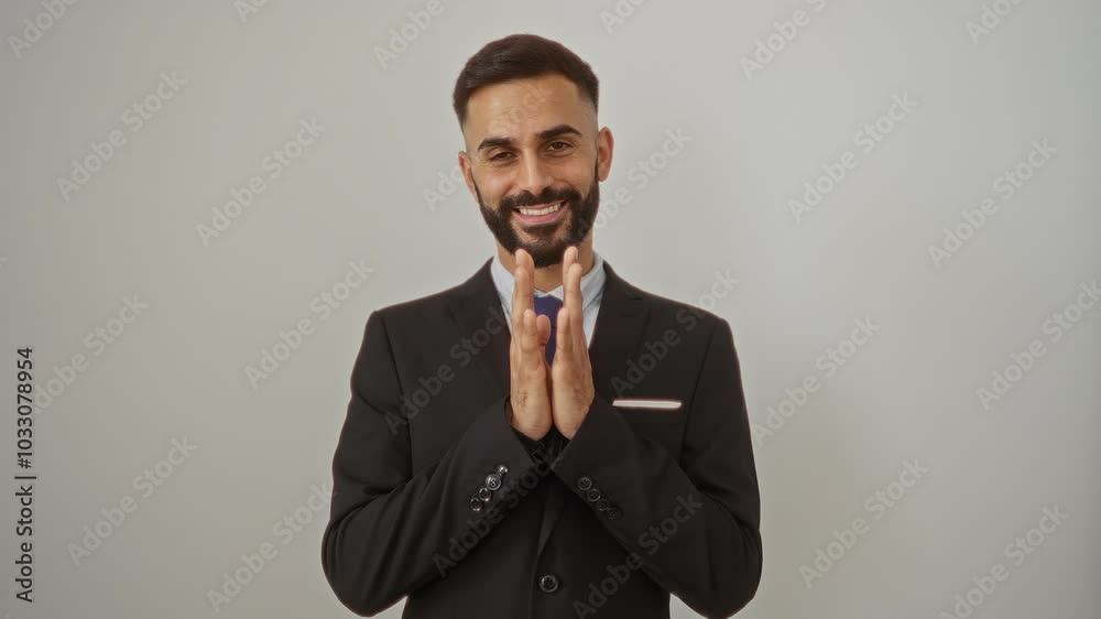 Handsome hispanic man with a beard wearing a black suit standing against an isolated white background with hands in a prayer-like gesture Handsome hispanic man with a beard wearing a black suit standing against an isolated white background with hands in a prayer-like gesture