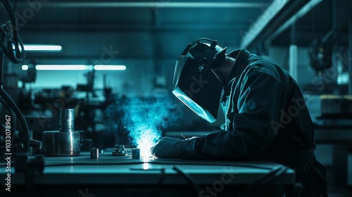 A welding worker in a factory, welding metal parts together on an industrial production line, with safety equipment and tools around