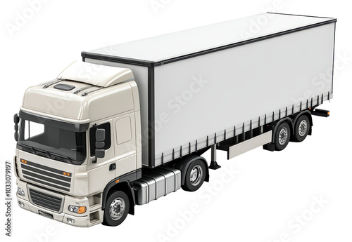 A white semi truck is parked on a white background. The truck is large and has a boxy shape photo