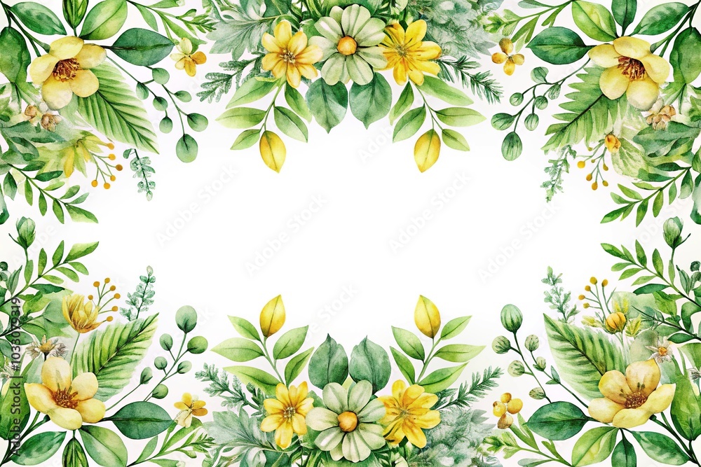 Fototapeta premium watercolor painting of green plants and yellow flowers on a white background