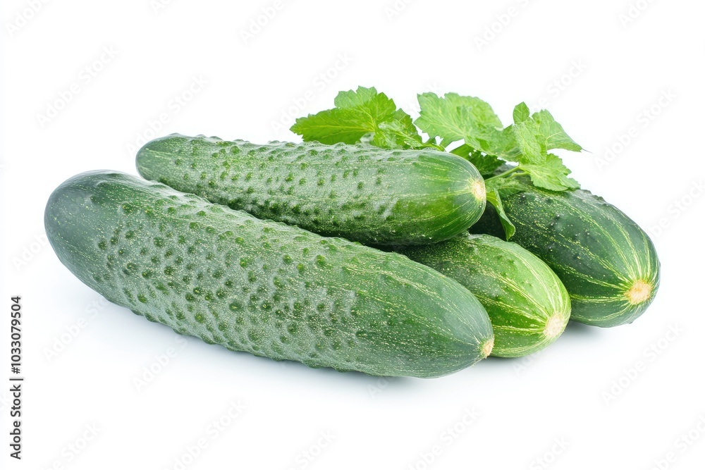 Fresh Green Cucumbers with Leaves Isolated on White Background Fresh Green Cucumbers with Leaves Isolated on White Background