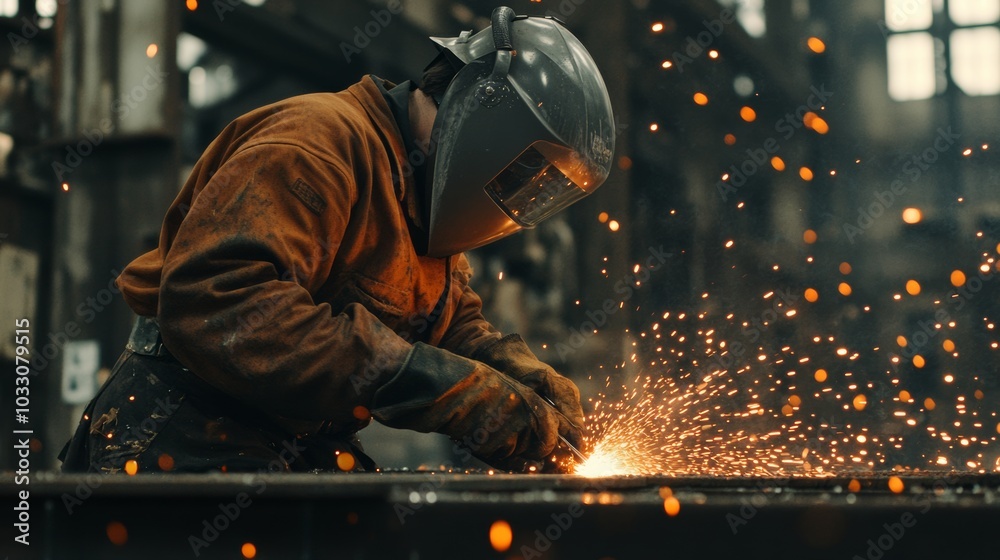A welding worker using an arc welder on a large industrial metal part, with safety gear and orange sparks flying A welding worker using an arc welder on a large industrial metal part, with safety gear and orange sparks flying