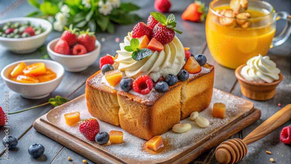 Cute Honey Toast Cake with Whipped Cream and Fresh Fruits - Perfect Dessert for Any Occasion Cute Honey Toast Cake with Whipped Cream and Fresh Fruits - Perfect Dessert for Any Occasion