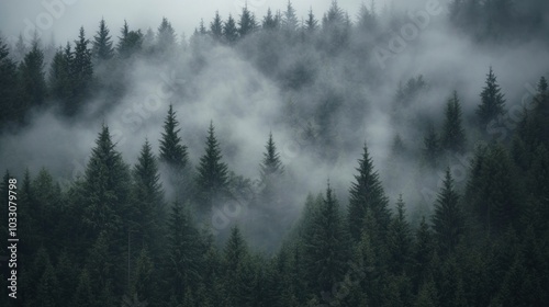 A misty forest landscape with dense evergreen trees shrouded in fog.