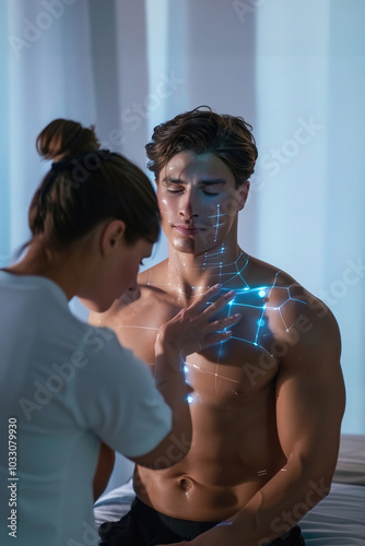 Man receiving professional massage, therapist targeting lower back, face showing visible relaxation photo