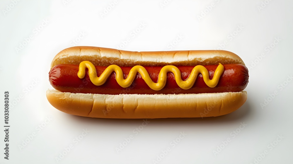 Hot dog with mustard and ketchup, side view isolated on a white background. Hot dog with mustard and ketchup, side view isolated on a white background.