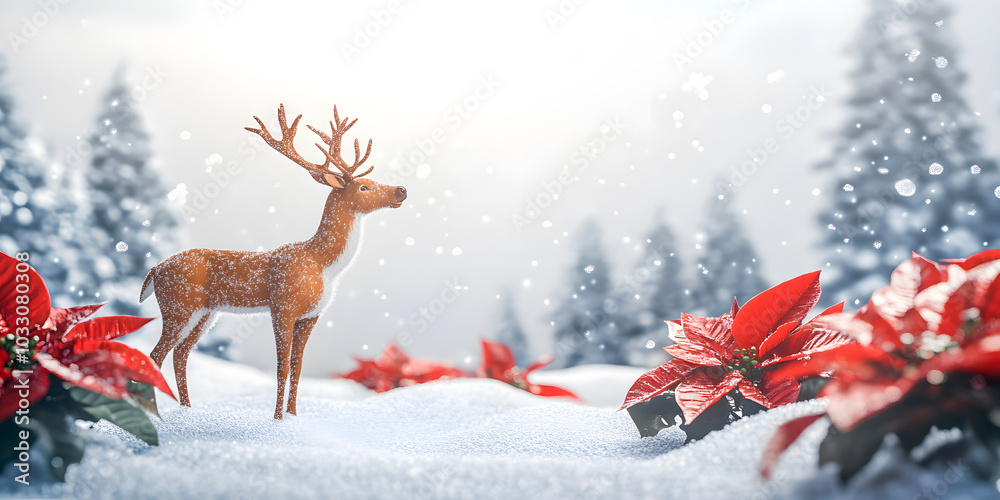 Charming scene of a reindeer amidst snowy landscape and vibrant poinsettias capturing the essence of winter and holiday cheer Charming scene of a reindeer amidst snowy landscape and vibrant poinsettias capturing the essence of winter and holiday cheer