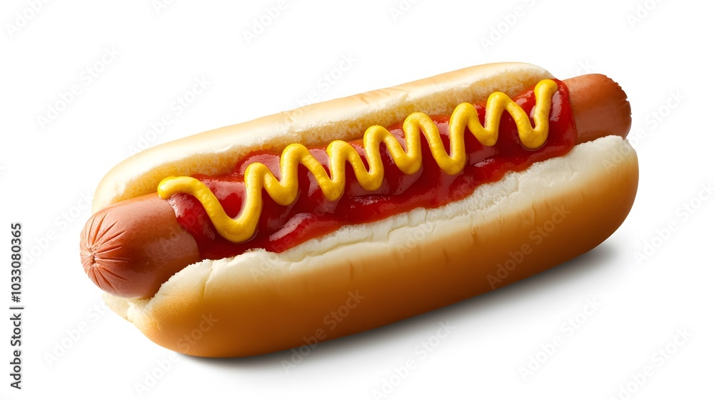 Hot dog with mustard and ketchup, side view isolated on a white background. Hot dog with mustard and ketchup, side view isolated on a white background.