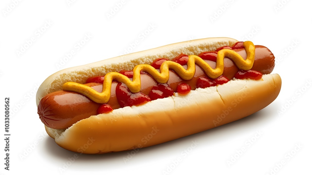 Hot dog with mustard and ketchup, side view isolated on a white background. Hot dog with mustard and ketchup, side view isolated on a white background.