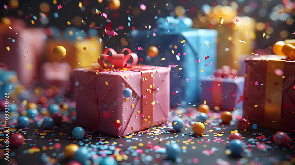 3D Illustration of Colorful Gifts and Confetti 3D Illustration of Colorful Gifts and Confetti