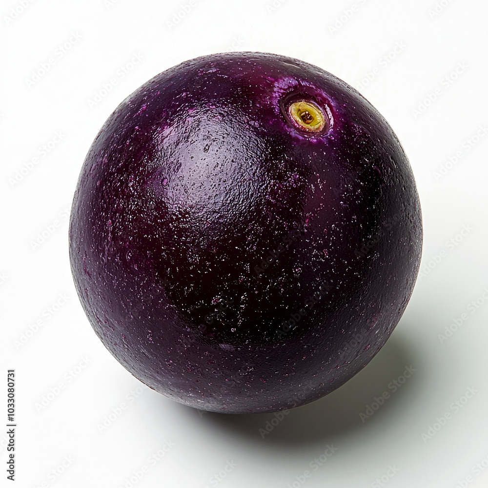 A close-up of a glossy purple fruit, likely a grape or similar berry, on a white background. A close-up of a glossy purple fruit, likely a grape or similar berry, on a white background.