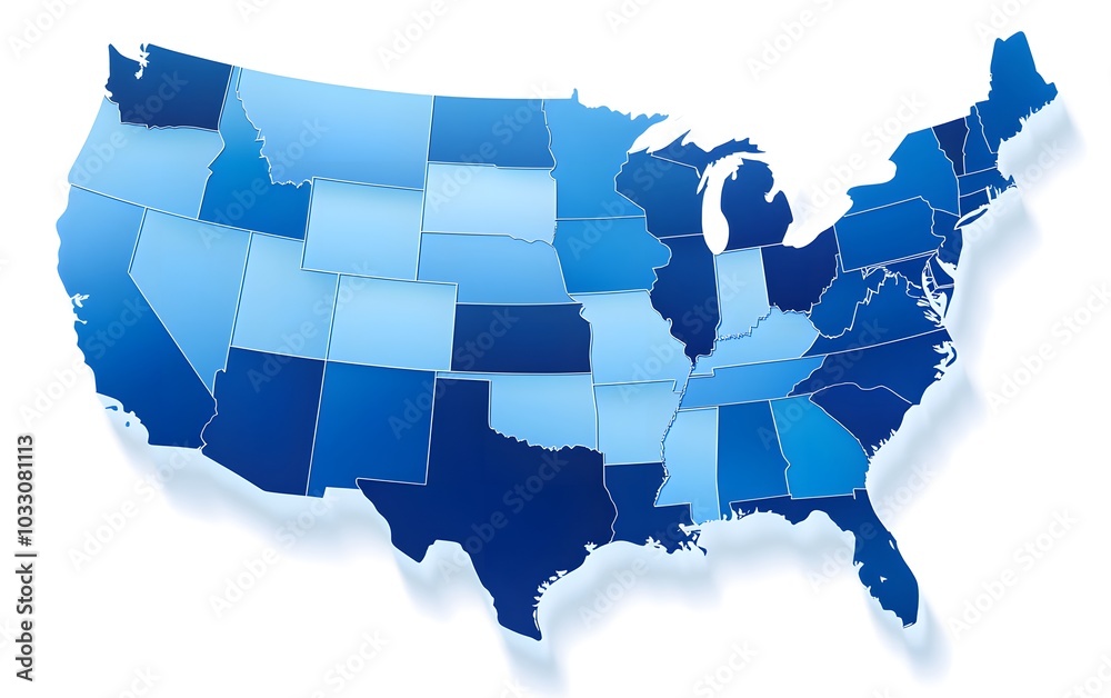 Fototapeta premium 3D map of the United States with each state in different shades of blue, white background,