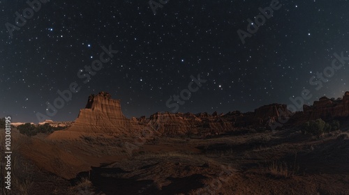 A panoramic view of a desert landscape at night with a starry sky. The red rock formations stand tall under the vast expanse of stars.