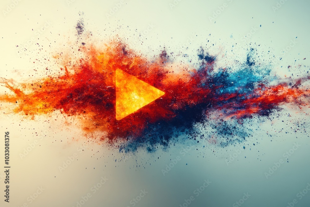 Abstract explosion of colors with a play button symbol, suggesting creativity and media. Abstract explosion of colors with a play button symbol, suggesting creativity and media.