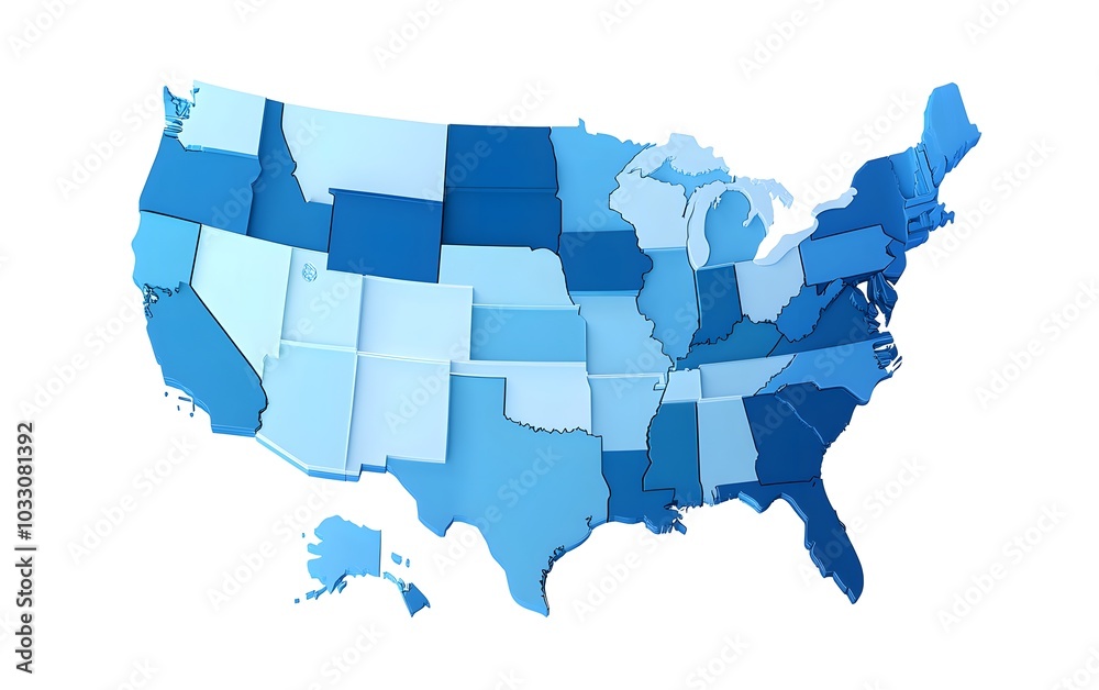 Fototapeta premium 3D map of the United States with each state in different shades of blue, white background,