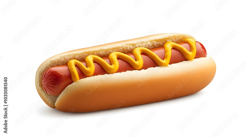 Hot dog with mustard and ketchup, side view isolated on a white background. Hot dog with mustard and ketchup, side view isolated on a white background.