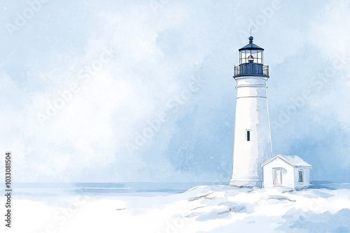 A white lighthouse stands on a snowy ground, against a light blue sky, in a watercolor style.