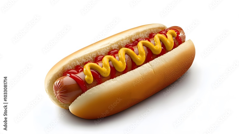 Hot dog with mustard and ketchup, side view isolated on a white background. Hot dog with mustard and ketchup, side view isolated on a white background.