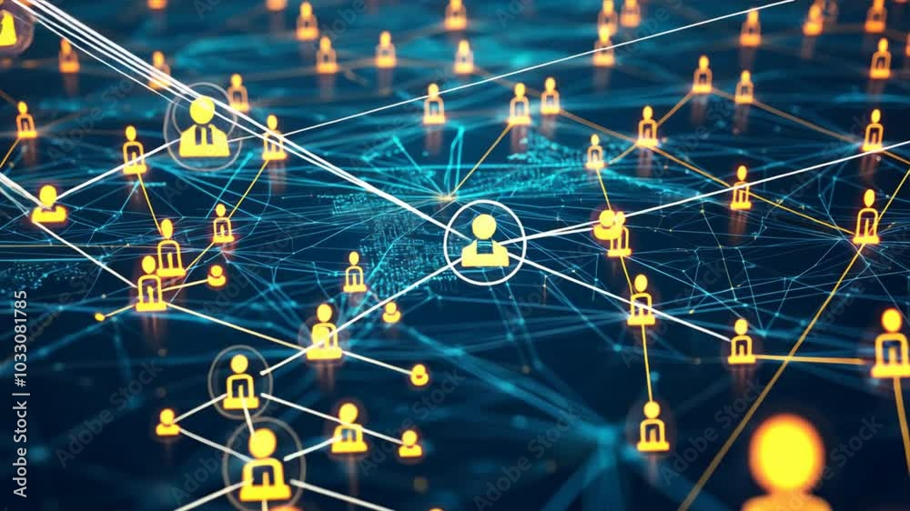 People connected by digital lines forming a global network, with glowing nodes representing connections, diverse individuals interacting in a complex web, modern communication technology concept