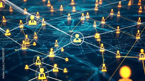 People connected by digital lines forming a global network, with glowing nodes representing connections, diverse individuals interacting in a complex web, modern communication technology concept