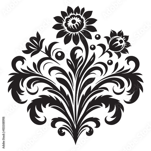 Decorative flower element black silhouette clipart for printables