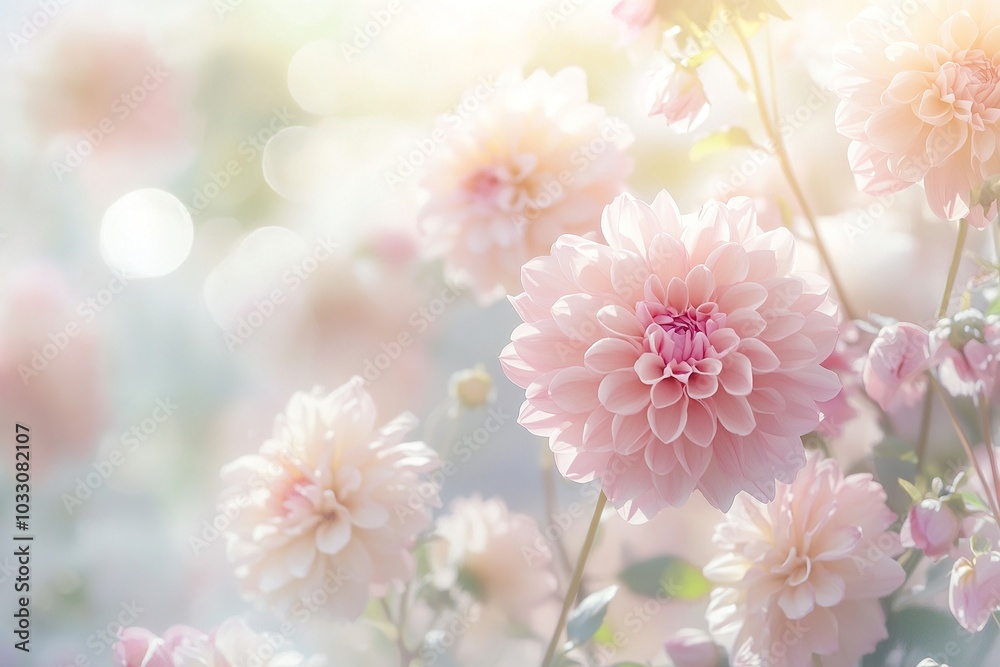 Abstract background with pastel pink and beige flowers, dahlias, roses, sun rays, blurred background Abstract background with pastel pink and beige flowers, dahlias, roses, sun rays, blurred background