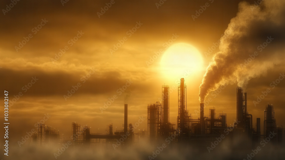 image depicts industrial scene with refinery silhouetted against dramatic sunset, showcasing smoke rising into sky. atmosphere conveys sense of both beauty and pollution image depicts industrial scene with refinery silhouetted against dramatic sunset, showcasing smoke rising into sky. atmosphere conveys sense of both beauty and pollution