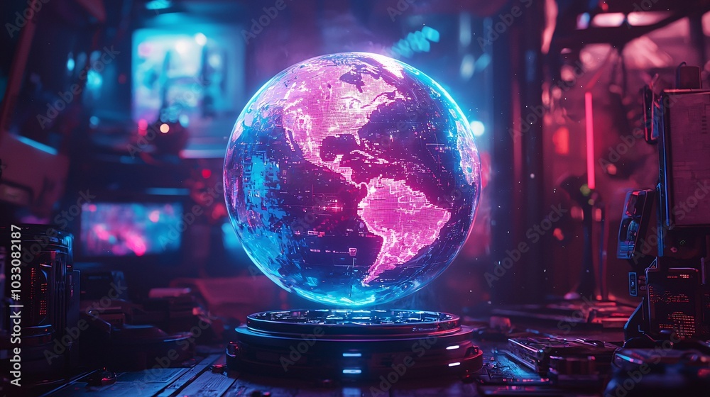 Fototapeta premium Futuristic Transparent Holographic Globe Spinning in Dark Tech-Themed Room