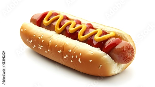 Hot dog with mustard and ketchup, side view isolated on a white background. 