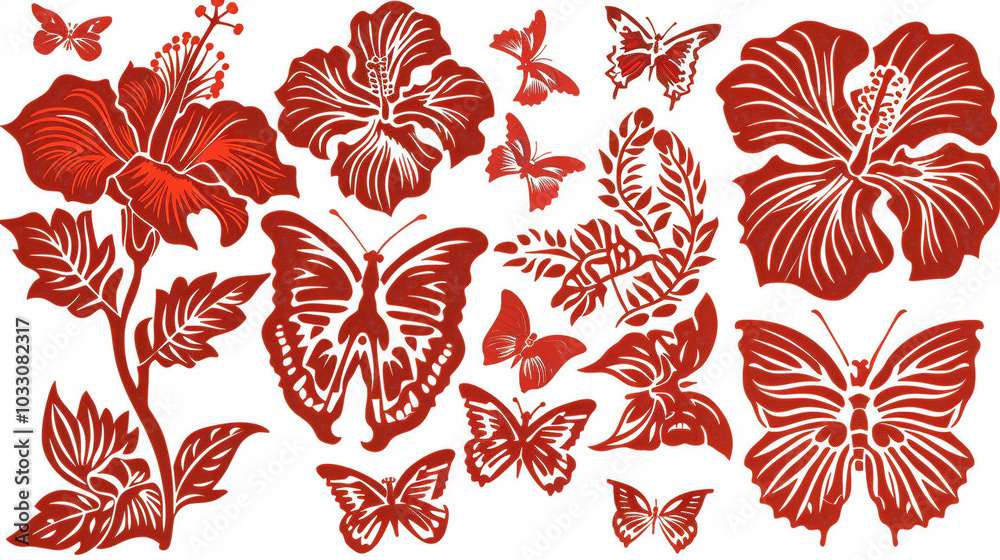 Hibiscus syriacus in a paper-cut style Hibiscus syriacus in a paper-cut style