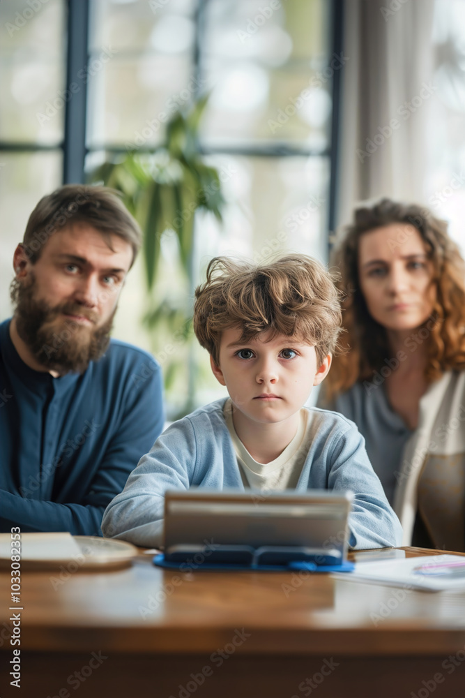 Parents discussing screen time limits with child, tablet on table, serious but understanding expressions Parents discussing screen time limits with child, tablet on table, serious but understanding expressions