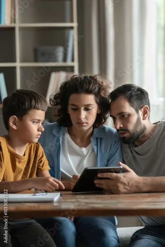 Parents discussing screen time limits with child, tablet on table, serious but understanding expressions