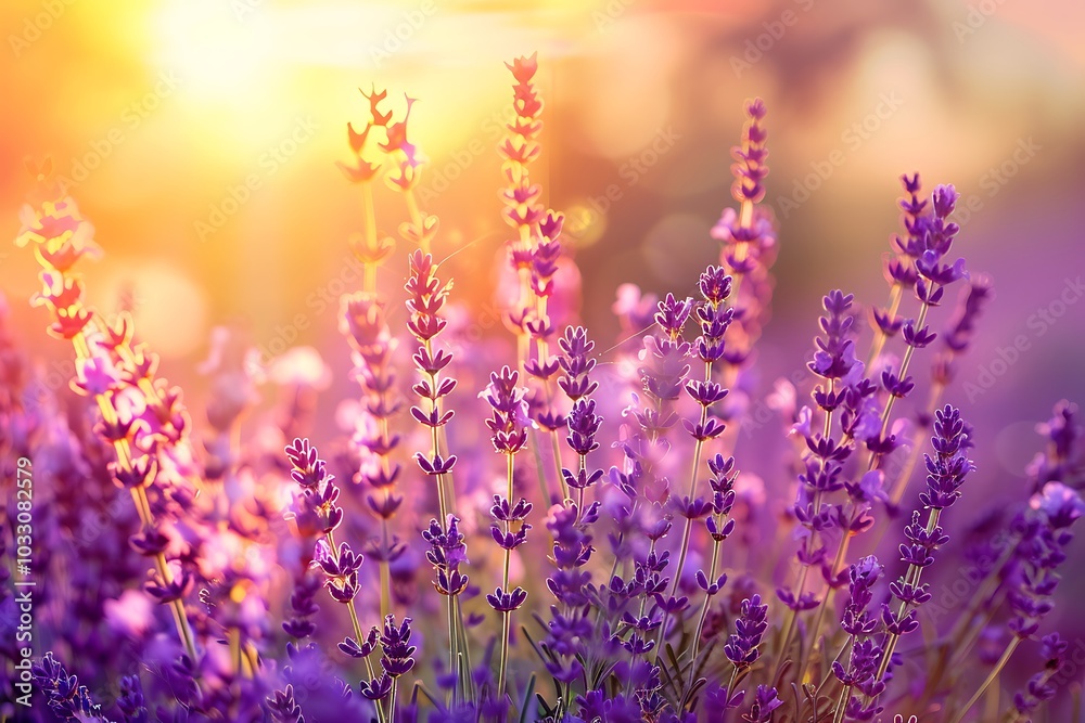 Obraz premium Beautiful sunset over lavender field in Provence.