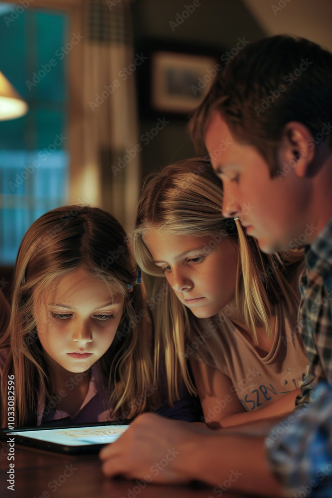 Parents using chart to track screen time, daughter watching, learning self-regulation and limits Parents using chart to track screen time, daughter watching, learning self-regulation and limits