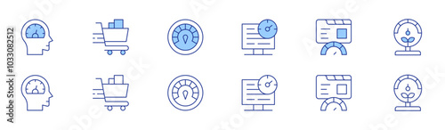 Speed icon set in two styles, Duotone and Thin Line style. Editable stroke. performance, shopping cart, speed, speed test, gauge