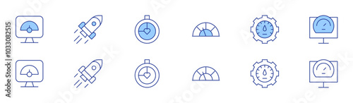 Speed icon set in two styles, Duotone and Thin Line style. Editable stroke. optimization, rocket, speed dating, speedometer