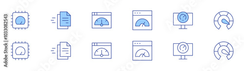 Speed icon set in two styles, Duotone and Thin Line style. Editable stroke. chip, file, optimization, speedometer, speed