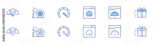 Speed icon set in two styles, Duotone and Thin Line style. Editable stroke. slow, speed, speedometer, browser, fast, gift box