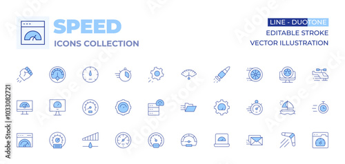 Speed icons collection. Line Duotone style, editable stroke. bullet, performance, speedometer, tyre, sail boat, process, server, settings, folder, time, fist, optimization
