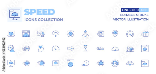 Speed icons collection. Line Duotone style, editable stroke. helicopter, performance, speed limit, arrow, high speed, speed, test, speedometer, browser, gift box, car, file, settings