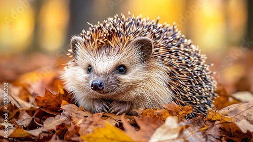 Close-up View of European Hedgehog Curled Up on Autumn Leaves, Showing Spiny Exterior and Small Snout