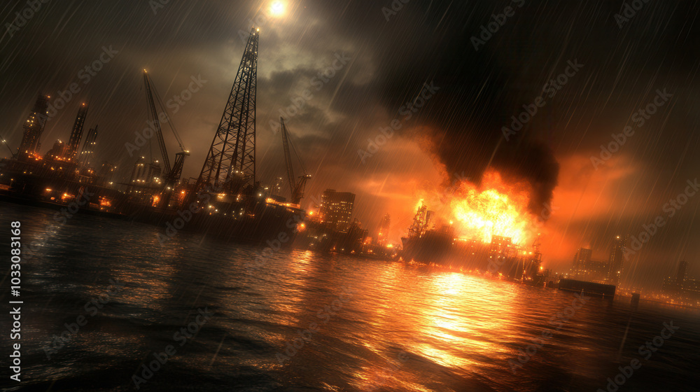 Obraz premium massive fire engulfs oil rig, illuminating night sky with flames and smoke. scene captures intensity of blaze against backdrop of industrial structures and rain