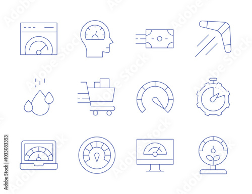 Speed icons. Thin Line style, editable stroke. money transfer, optimization, performance, shopping cart, speed, high speed, laptop, speedometer, water drop