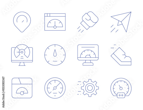 Speed icons. Thin Line style, editable stroke. optimization, paper plane, running, speed, placeholder, slow speed, speedometer, boxing, estimate, gear photo