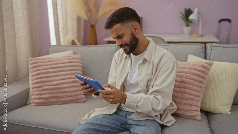 Young man with beard smiling while using tablet at home on a cozy couch in a bright living room Young man with beard smiling while using tablet at home on a cozy couch in a bright living room