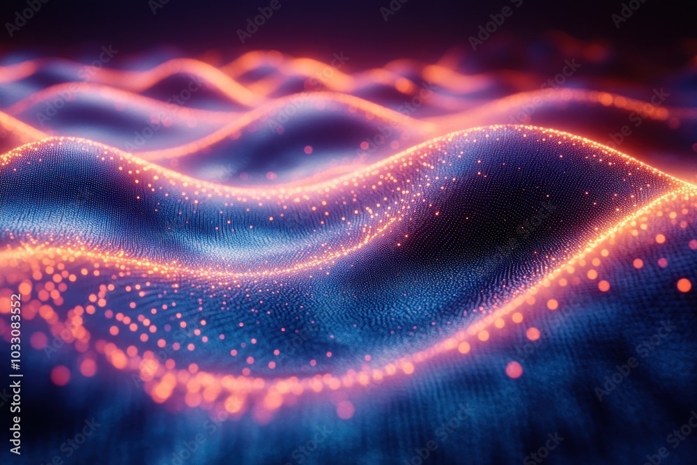 Abstract representation of flowing waves with glowing particles in a digital landscape. Abstract representation of flowing waves with glowing particles in a digital landscape.