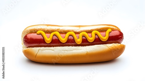 Hot dog with mustard and ketchup, side view isolated on a white background. 